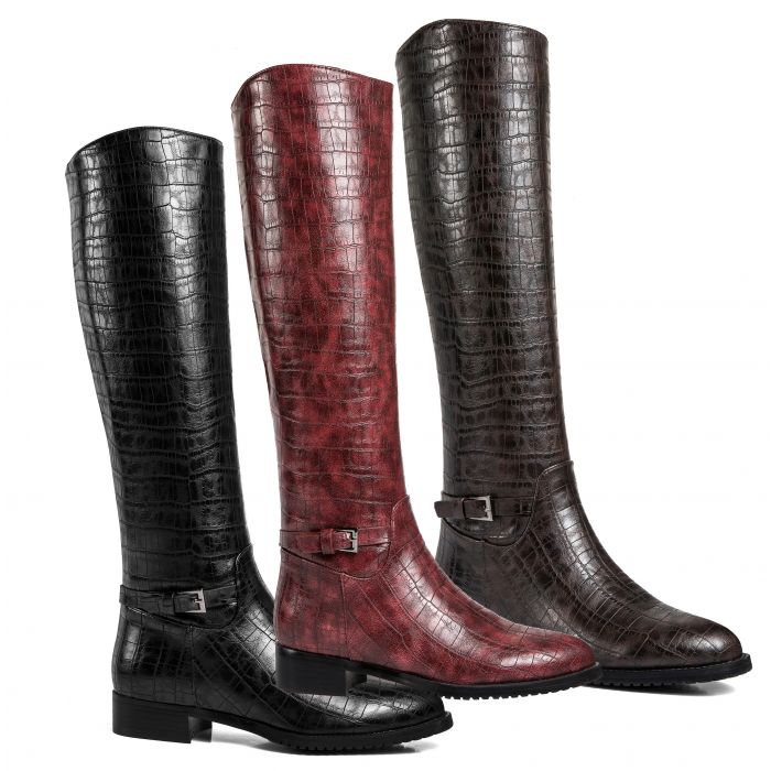 Croc Print Riding Boots Low Heels