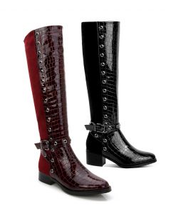 Low Heel Croc Print Front 2-Tone Perforated Trim Tall Boots