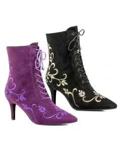 Embroidery Lace-up Booties Suede Accent