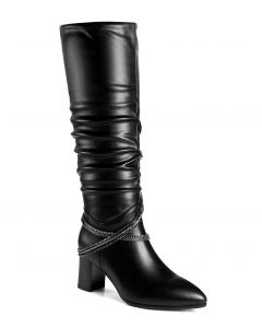 Almond Toe Crisscross Chain-Link Ruched Shaft Knee-High Boots