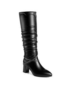 Almond Toe Crisscross Chain-Link Ruched Shaft Knee-High Boots