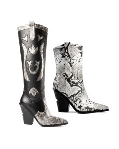 Snake Accent Two-Tone Boots with Layered High Heels