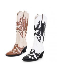 Western Cowboy Knee-High Stich Patterns Pull-on Boots