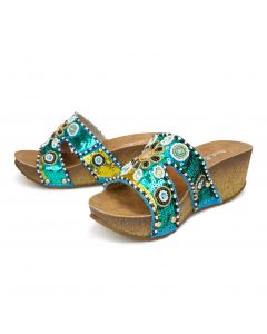 Platform Wedge Sandals Floral Accent Scales Beads Rhinestone Details