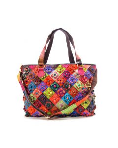 Bonded Leather Bag Multi Color Floral Checkmate Details Multi